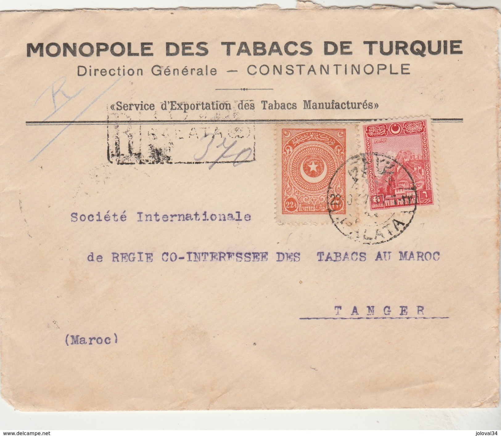 Lettre Recommandée Entête Monopole Tabacs Turquie Contantinople 23/6/1927 Pour Régie Tanger Maroc Voir Description - Lettres & Documents