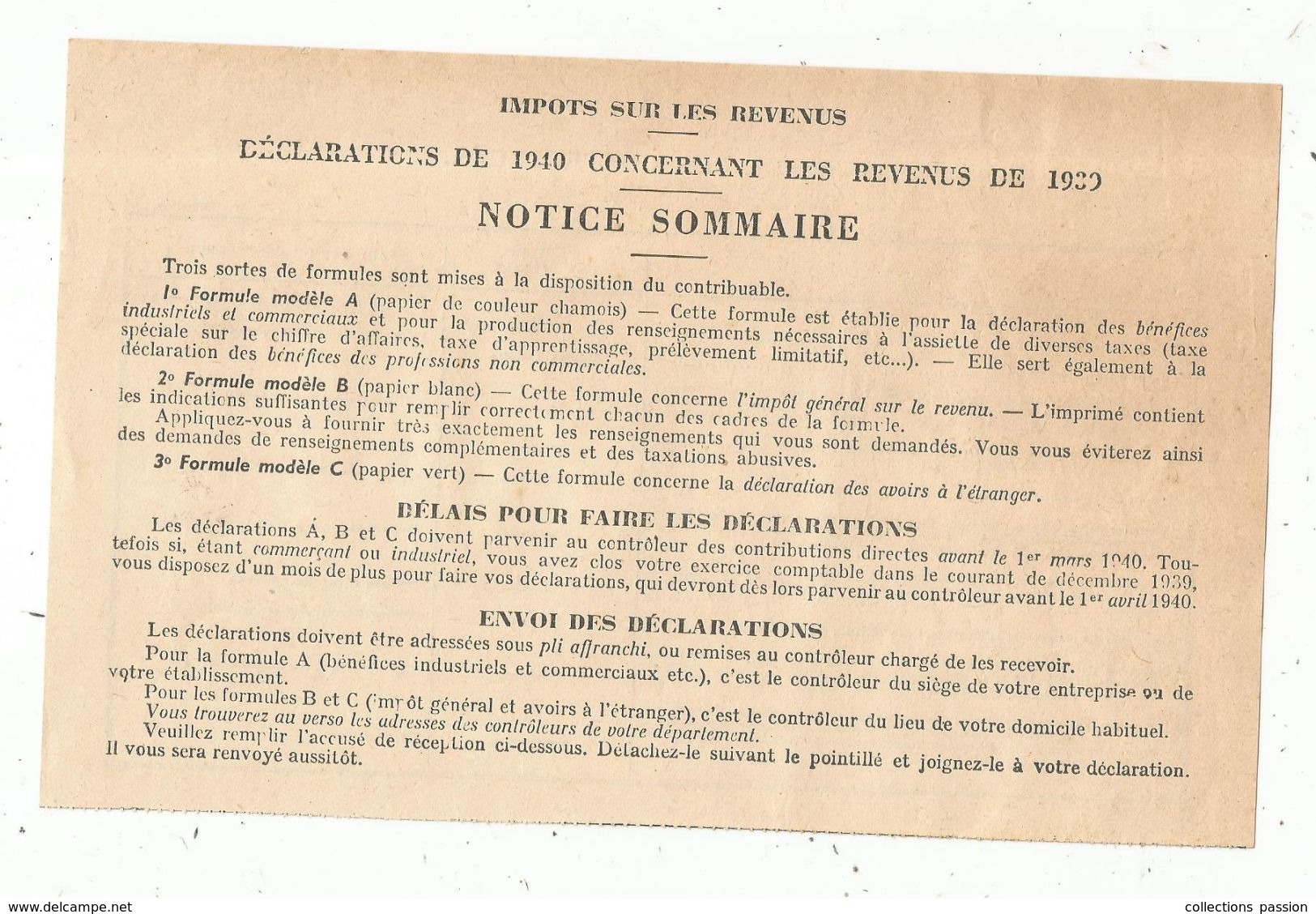 Note De L'administration Fiscale ,impôts Sur Les Revenus 1939 , Notice Sommaire , Frais Fr : 1.45 E - Ohne Zuordnung