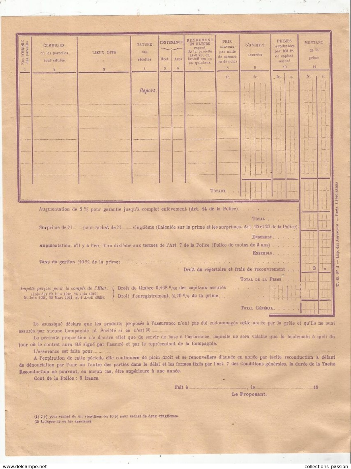 Document Commercial , Proposition D'assurances Sur RECOLTES ,L'UNION , Paris , 1929 ,2 Scans , Frais Fr : 1.55 E - Banco & Caja De Ahorros