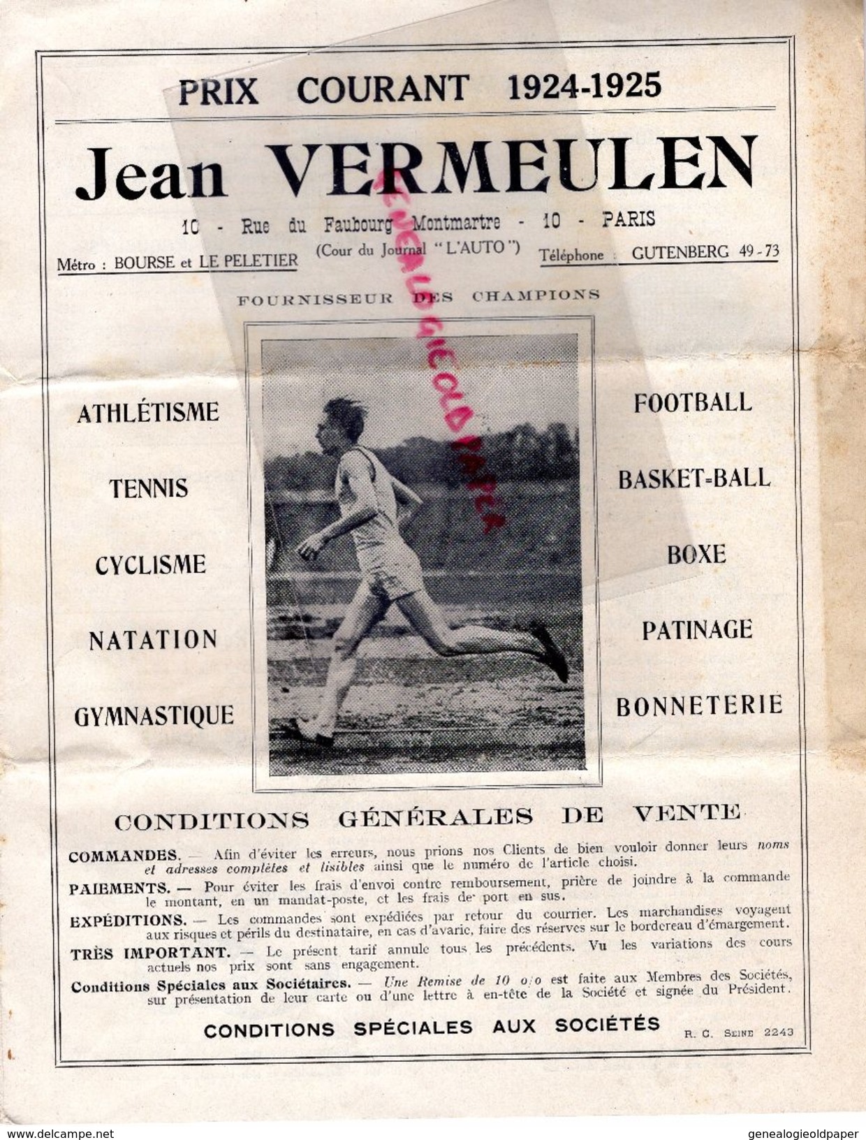 75-PARIS- RARE CATALOGUE JEAN VERMEULEN- 1924-25- 10 RUE FG MONTMARTRE-ATHLETISME-TENNIS-BOXE-CYCLISME-PATINAGE-FOOT- - Sport & Tourismus