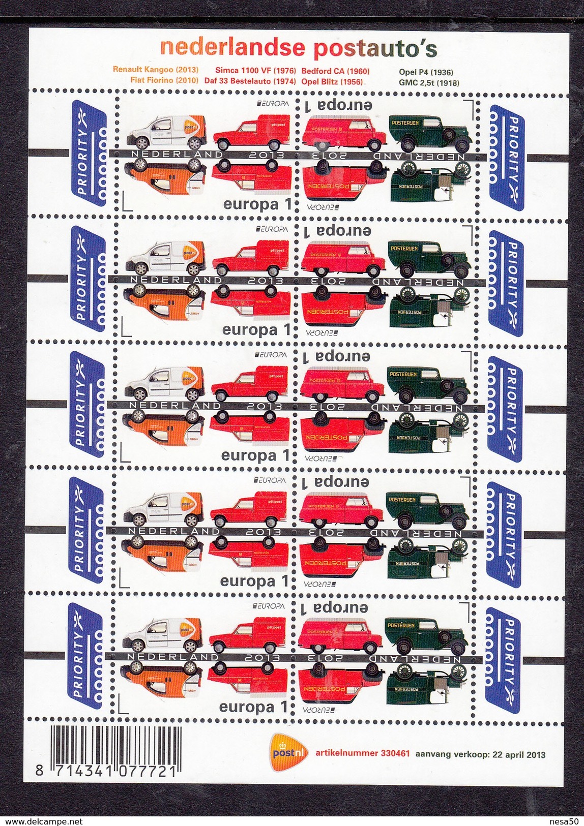 Nederland 2013 NVPH Nr 3055 + 3056 Mi Nr  3104 + 3105  Sheet  Europa Postauto's - Ongebruikt