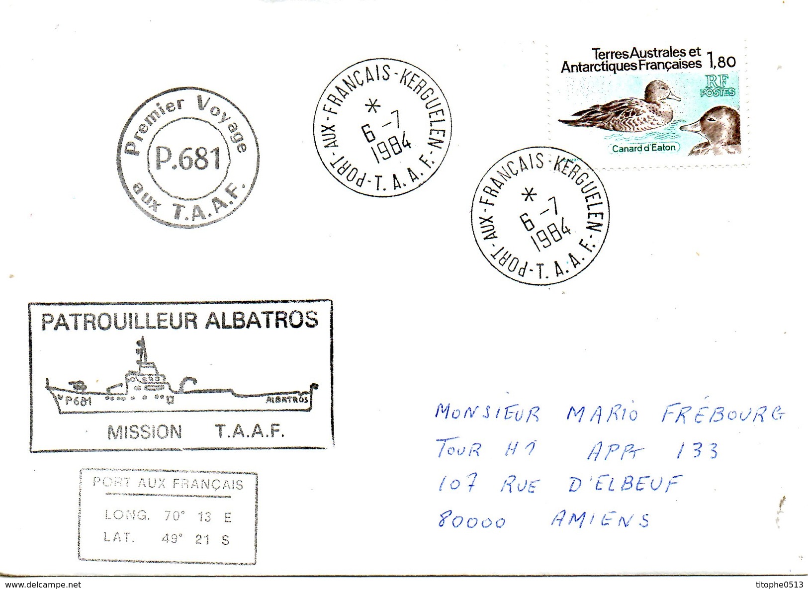 TAAF. Enveloppe Commémorative Ayant Circulé En 1984. Le Patrouilleur "Albatros". Oblitération Kerguelen. - Barcos Polares Y Rompehielos