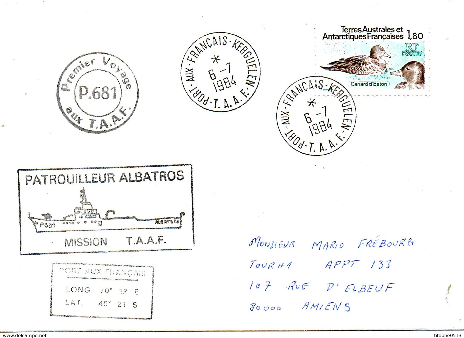 TAAF. Enveloppe Commémorative Ayant Circulé En 1984. Le Patrouilleur "Albatros". Oblitération Kerguelen. - Barcos Polares Y Rompehielos