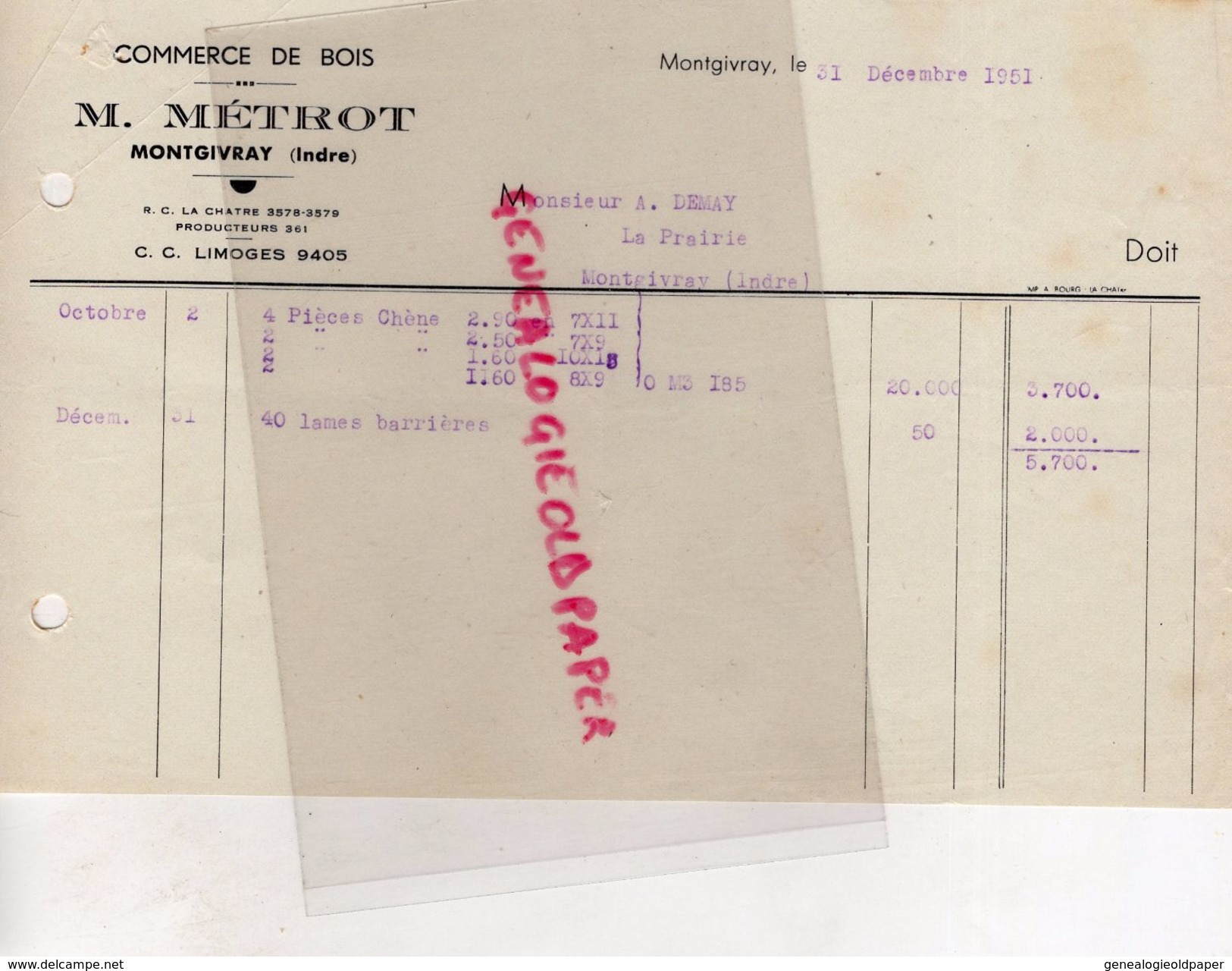 36- MONTGIVRAY- RARE FACTURE M. METROT- COMMERCE DE BOIS -1951 A M. DEMAY LA PRAIRIE - Artesanos