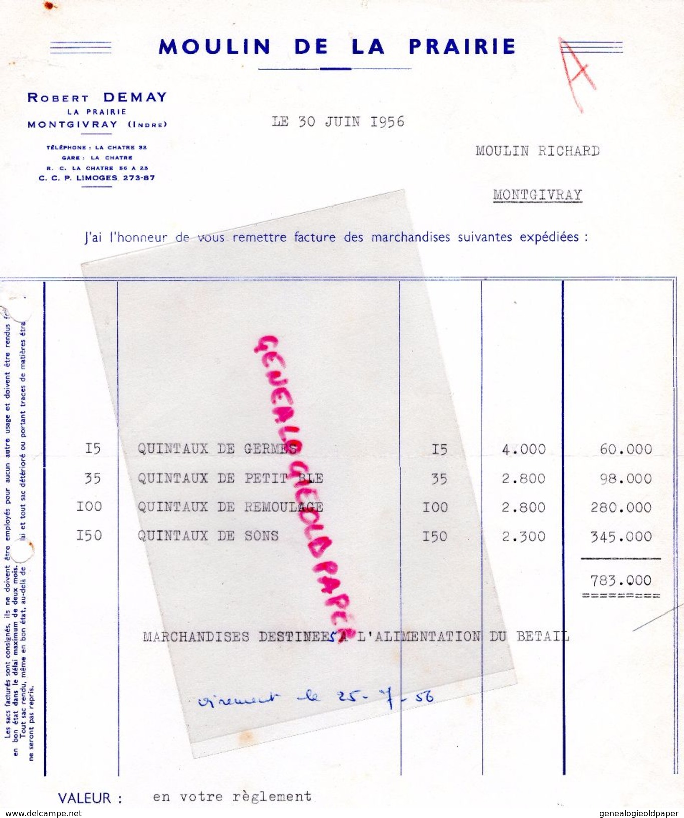 36- MONTGIVRAY- RARE FACTURE MOULIN DE LA PRAIRIE- ROBERT DEMAY- A MOULIN RICHARD- 1956 MINOTERIE MINOTIER - Artesanos