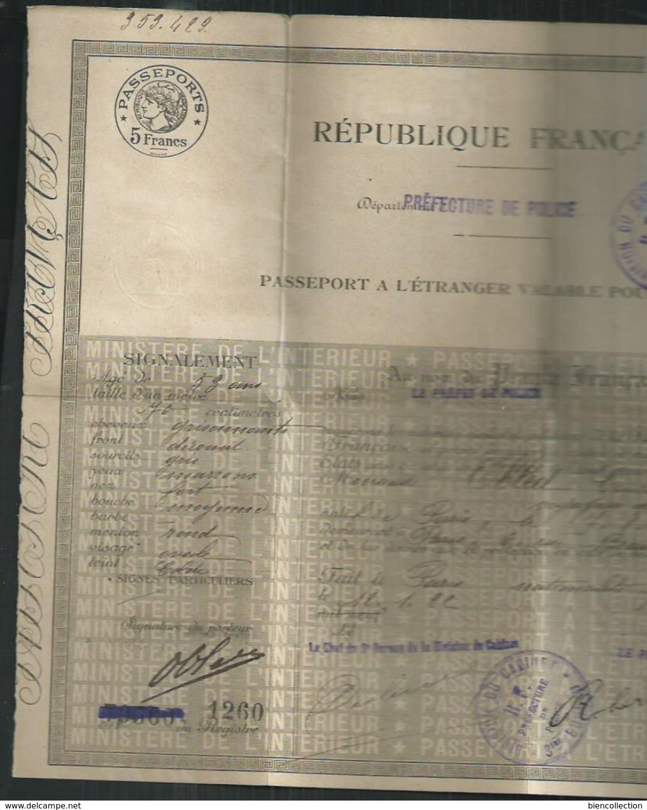 Passeport à L'étranger Avec Visa Et Timbre Fiscal Suisse Oblitéré Légation Suisse à Paris  . Cachet D'entrée à Locle - Fiscaux