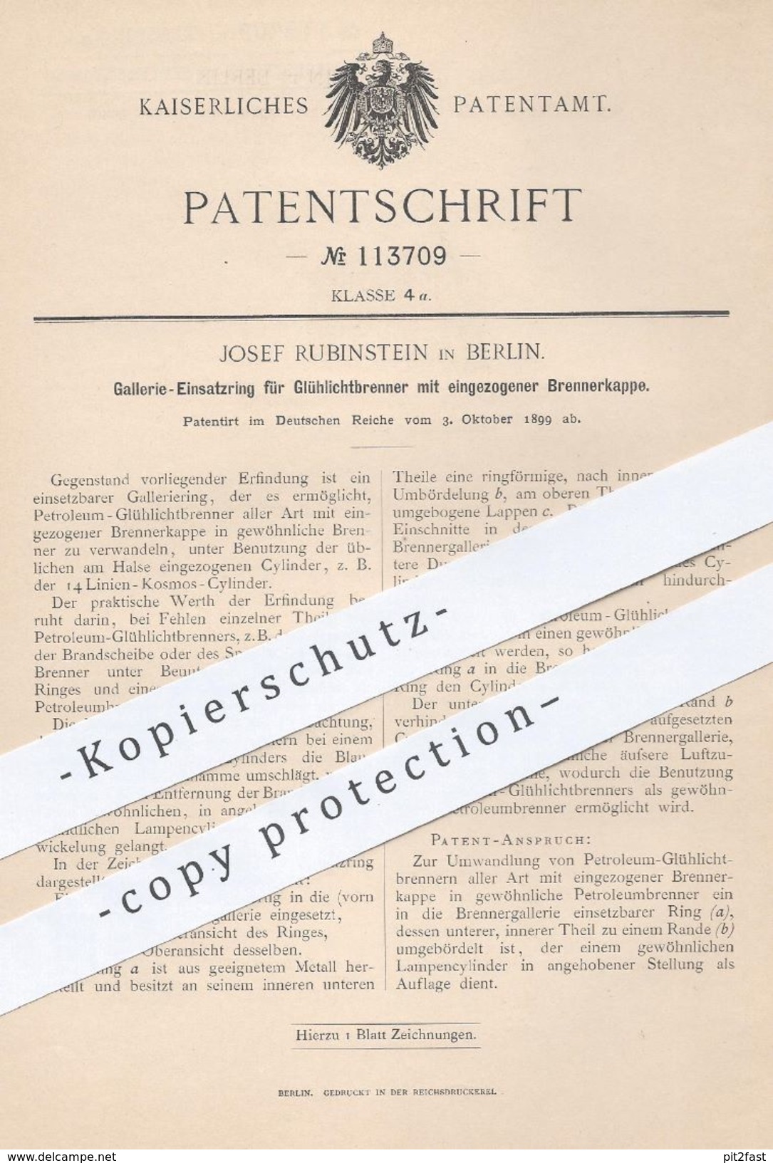 Original Patent - Josef Rubinstein , Berlin , 1899 , Einsatzring Für Glühlichtbrenner | Brenner , Petroleum - Licht !! - Historische Dokumente