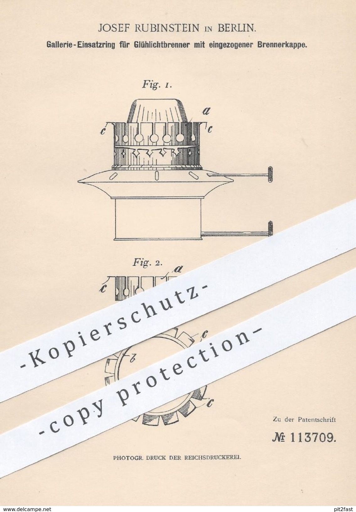 Original Patent - Josef Rubinstein , Berlin , 1899 , Einsatzring Für Glühlichtbrenner | Brenner , Petroleum - Licht !! - Historische Dokumente