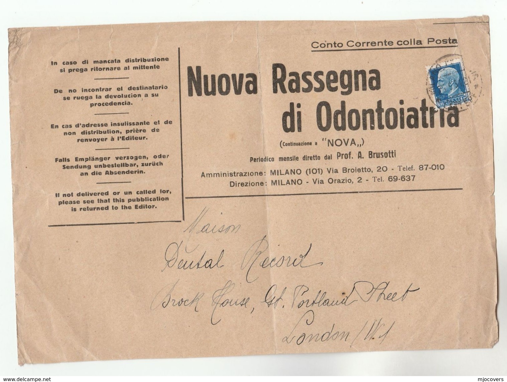 1934 COVER (Front) DENTISTRY NOUVA RESSEGNA DI ODONTIATRIA  Italy To GB Health Medicine Dental Magazine Stamps - Marcophilia