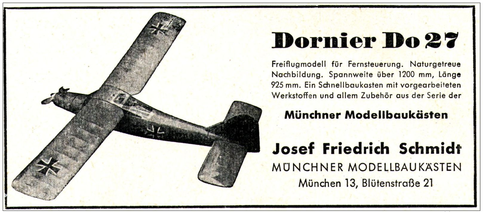 Original-Werbung/ Anzeige 1959 - DORNIER DO 27 /MÜNCHNER MODELLBAUKÄSTEN JOSEF FRIEDRICH SCHMIDT-MÜNCHEN- Ca.120 X 55 Mm - Publicités