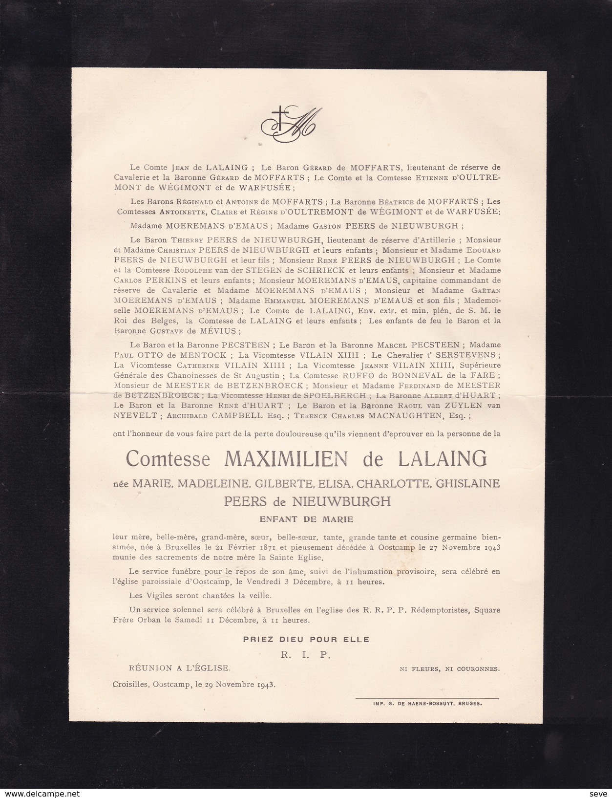 BRUXELLES OOSTKAMP MArie PEERS De NIEUWBURGH Comtesse Maximilien De LALAING 1871-1943 - Décès