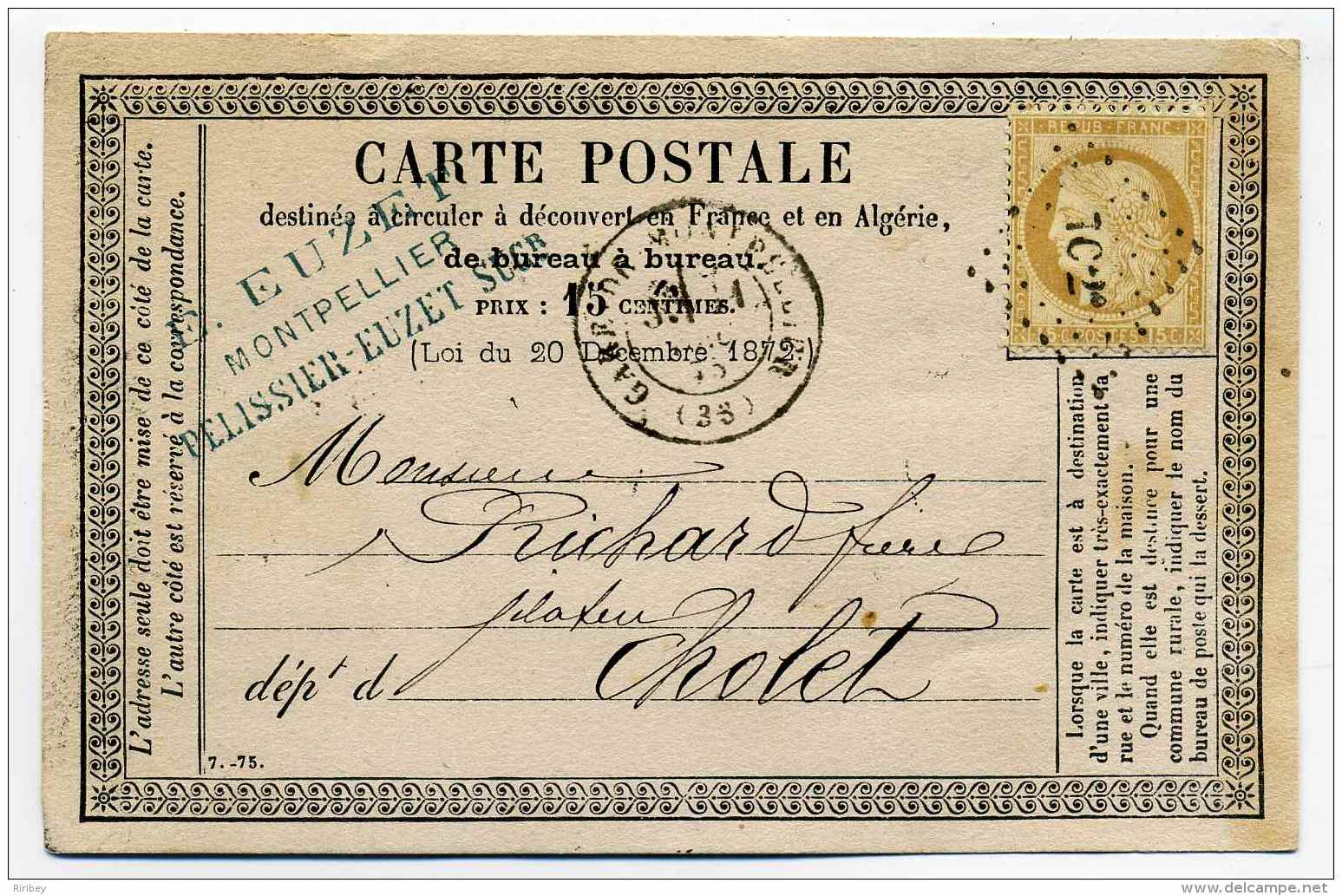 Carte Précurseur CPO :  T17 GARE DE MONTPELLIER + Losange 7C 2° / Dept  33 Herault / 1875 - 1849-1876: Classic Period