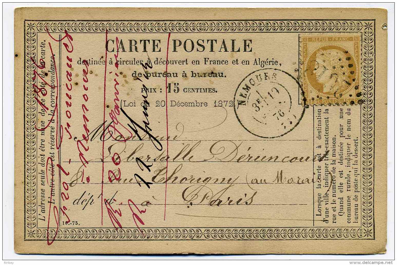 Carte Précurseur CPO :  T17 NEMOURS + Losange GC2618 / Dept  73 Seine Et Marne   / 1876 - 1849-1876: Classic Period