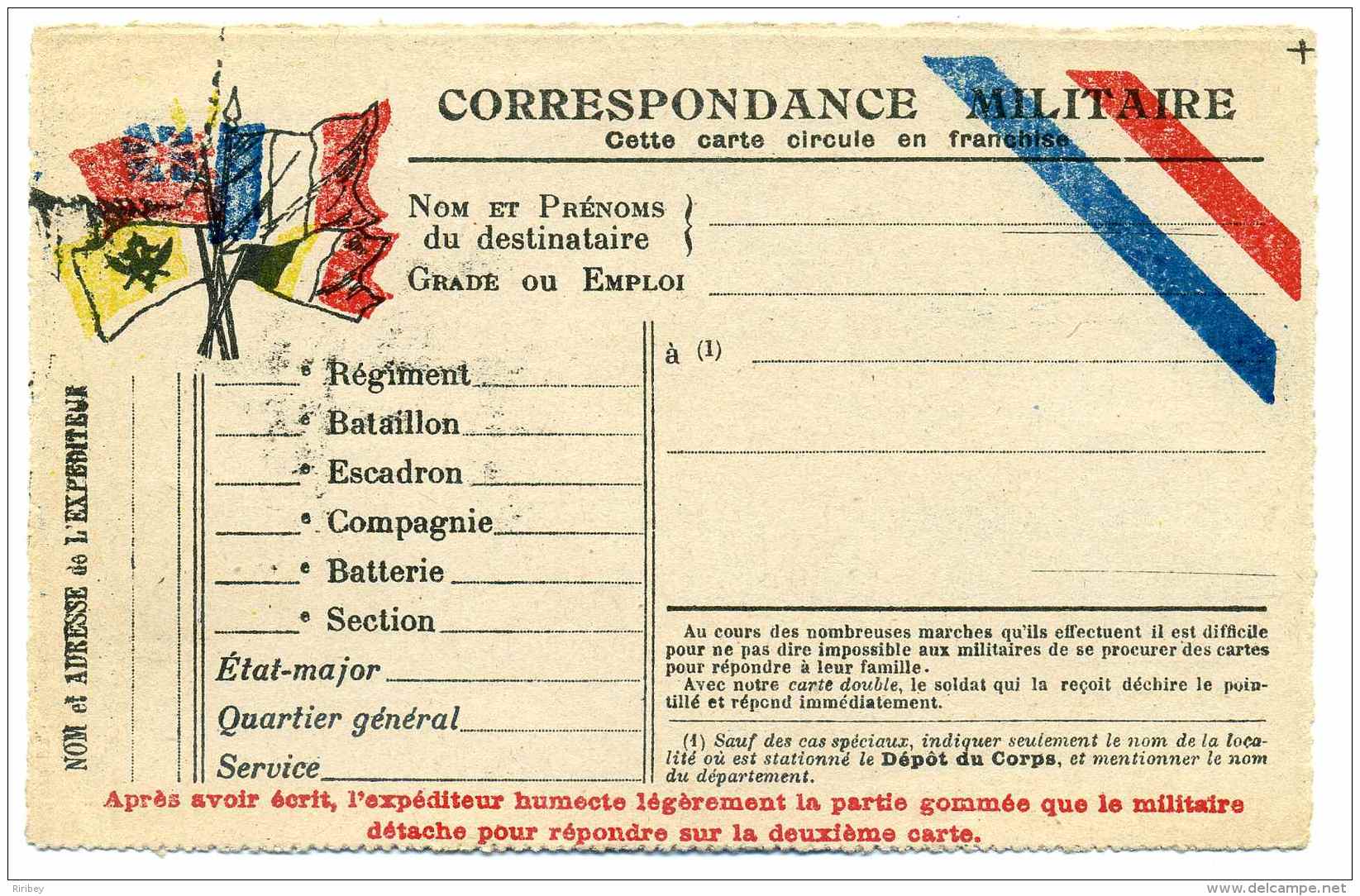 WW1 Carte 4 Drapeaux  Correspondance Militaire + Variété Décage Couleur Sur Les Drapeaux / Neuve - Lettres & Documents