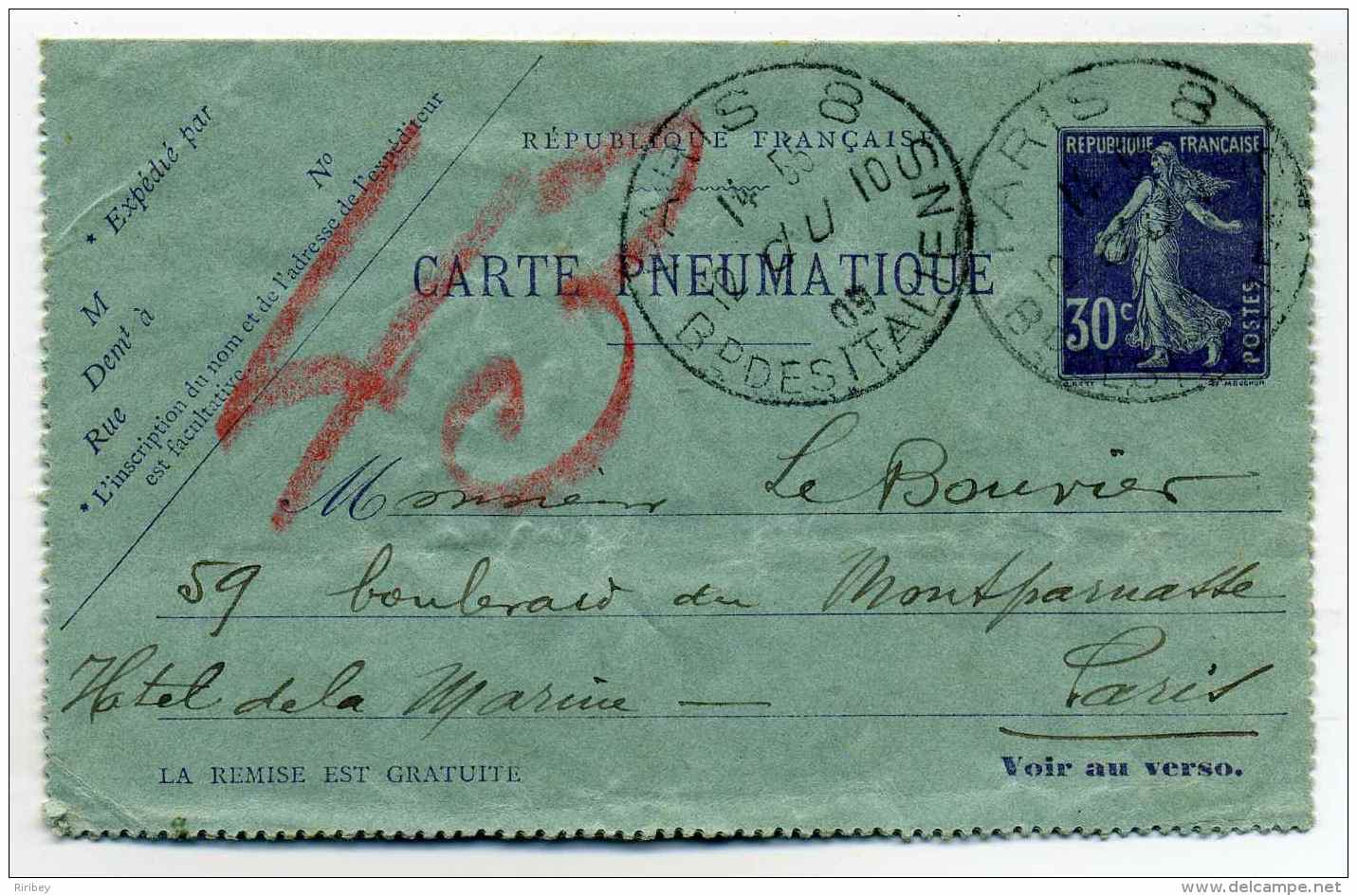 Carte Pneumatique Semeuse 30c / Cad PARIS 8 Boulevard Des Italiens  / 1909 - 1877-1920: Semi Modern Period