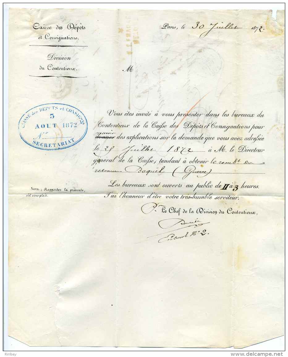 REBUT DE PARIS /   Lettre De La Caisse Des Dépots Et Consignation Non Remise  / 1872 - 1849-1876: Classic Period