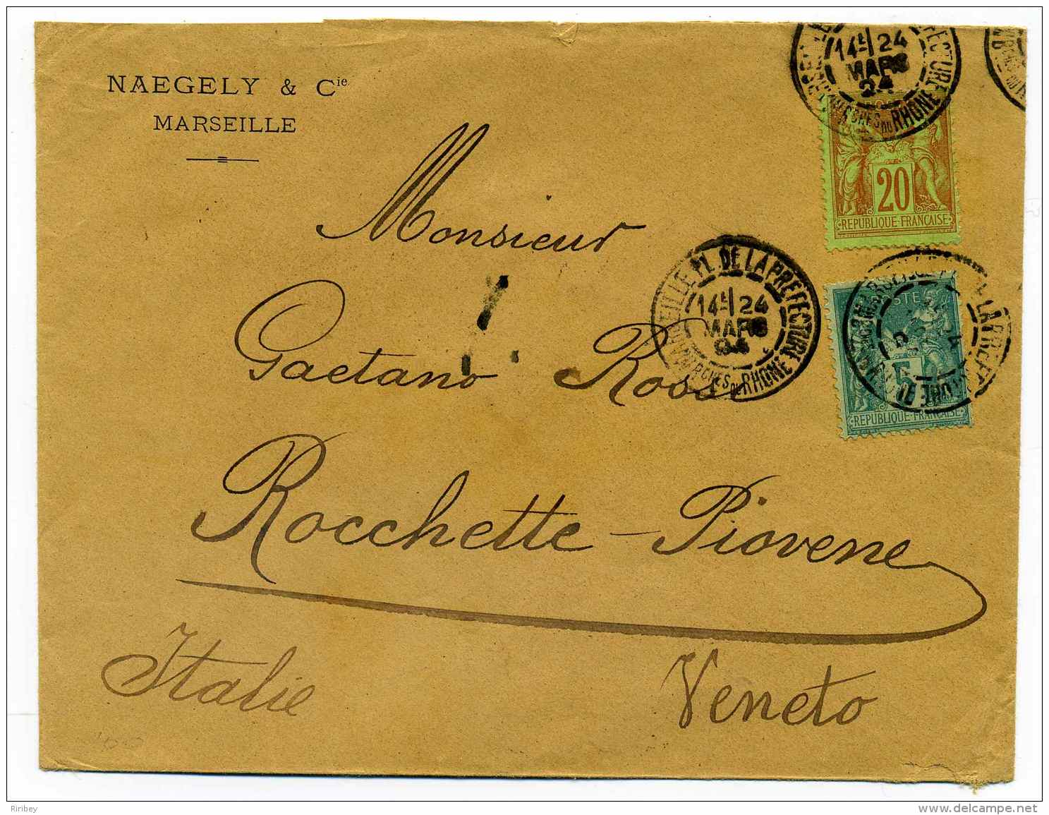 Type SAGE YT N°96 + YT N°75 Sur Lettre De MARSEILLE Prefecture / Dept Bouches Du Rhone / Tarif 25c / 1894 - 1877-1920: Semi Modern Period