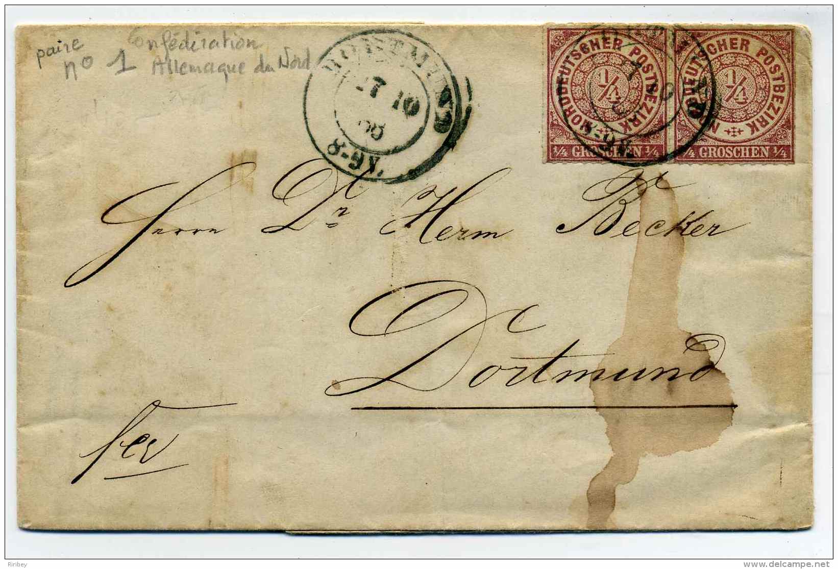 Paire YT N°1  Confédération De L'allemagne Du Nord  Sur Lettre De Dortmund / 1868 / RR - Storia Postale