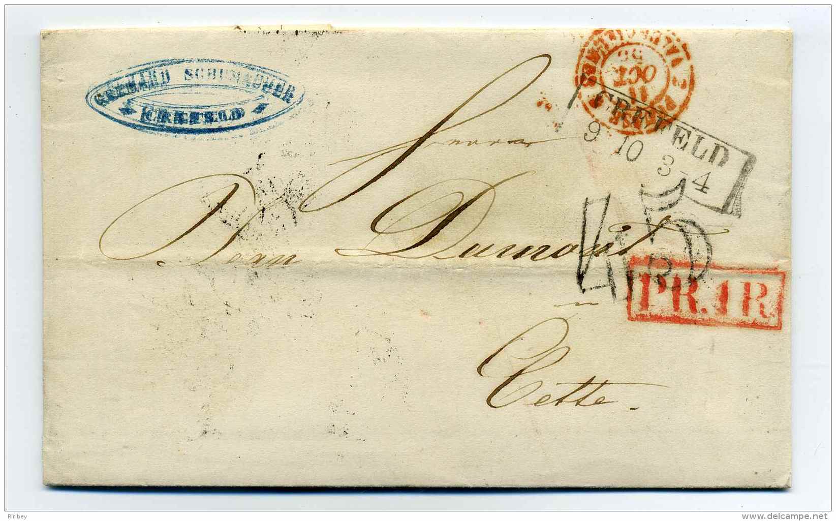 Lettre De CREFELD + Marque D'entrée PRUSSE Par VALENCIENNE + PR1R (Prusse 1er Rayon) + Taxe TDT 45c / 1855 - Entry Postmarks