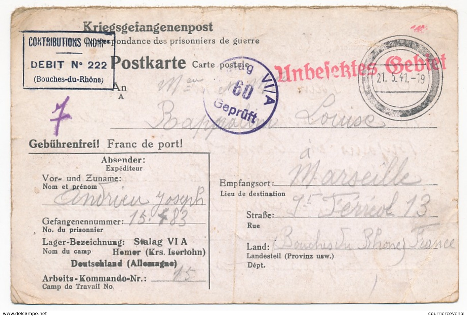 Postkarte Depuis STALAG VI / A (Hemer) - Prisonnier Français - Censeur 60 + Contributions Indirectes 222 B Du R - 1941 - 2. Weltkrieg 1939-1945