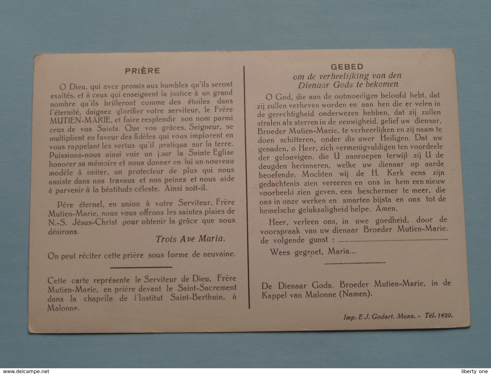 Prière - Gebed Broeder Mutien-Marie I/d Kapel Van Malonne ( Imp. Godart - Mons Tél 1429 ) ( Zie Foto's ) Format PK/CP ! - Religion & Esotérisme