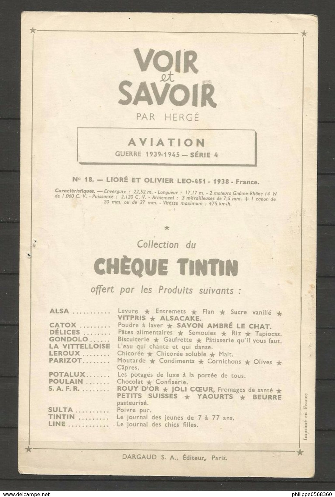 Chromo Tintin Collection "Voir Et Savoir" L'aviation De La Guerre 1939-1945 - Autres & Non Classés