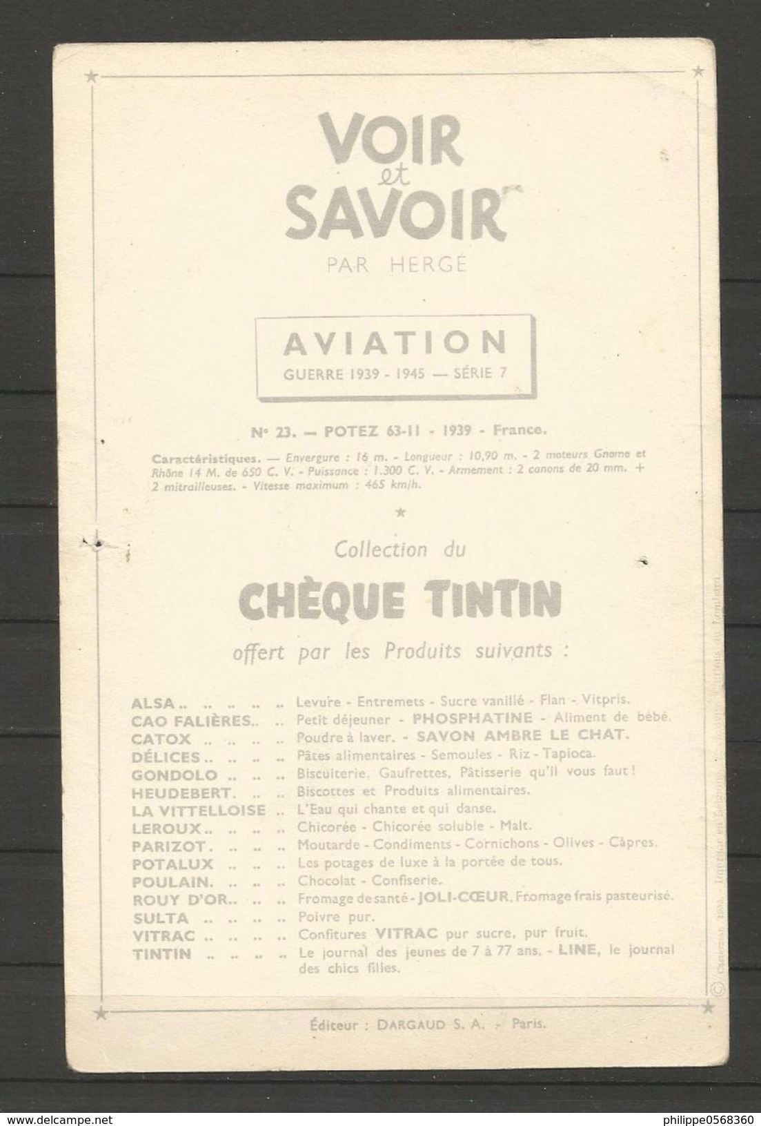 Chromo Tintin Collection "Voir Et Savoir" L'aviation De La Guerre 1939-1945 - Autres & Non Classés