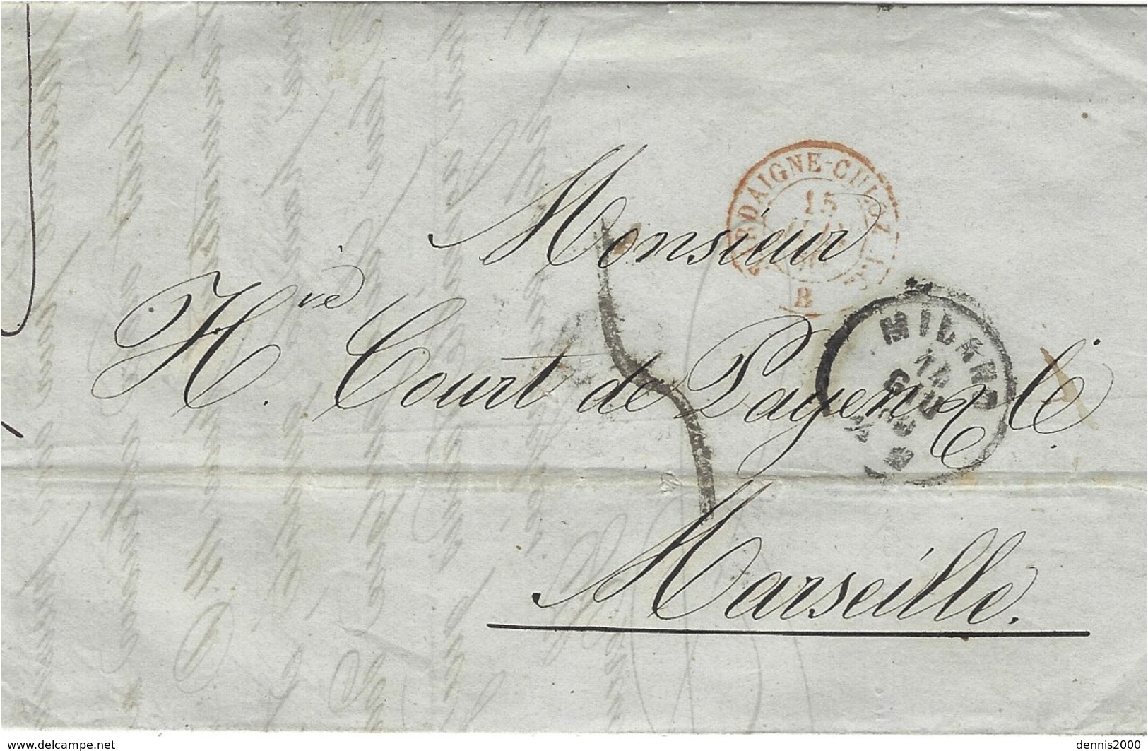 1860- Lettre De MILANO  Pour Marseille  Taxe 5 D.  Entrée SARDAIGNE-CULOZ A. C. / B  Rouge - Lombardo-Vénétie