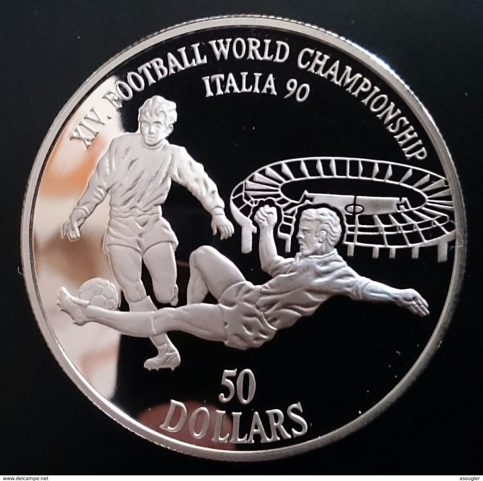 COOK ISLANDS 50 DOLLARS 1990 SILVER PROOF "World Cup Soccer" (free Shipping Via Registered Air Mail) - Cookeilanden