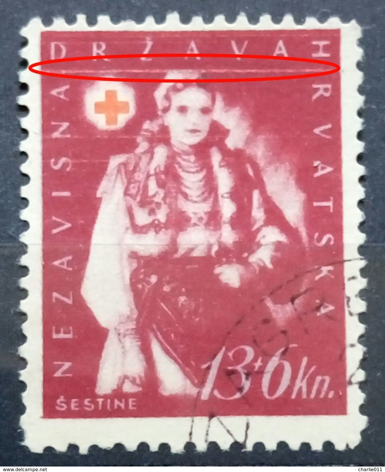 RED CROSS-13+6 K-NATIONAL COSTUMES-ŠESTINE-ERROR-LINE-RARE-NDH-CROATIA-1942 - Croatie