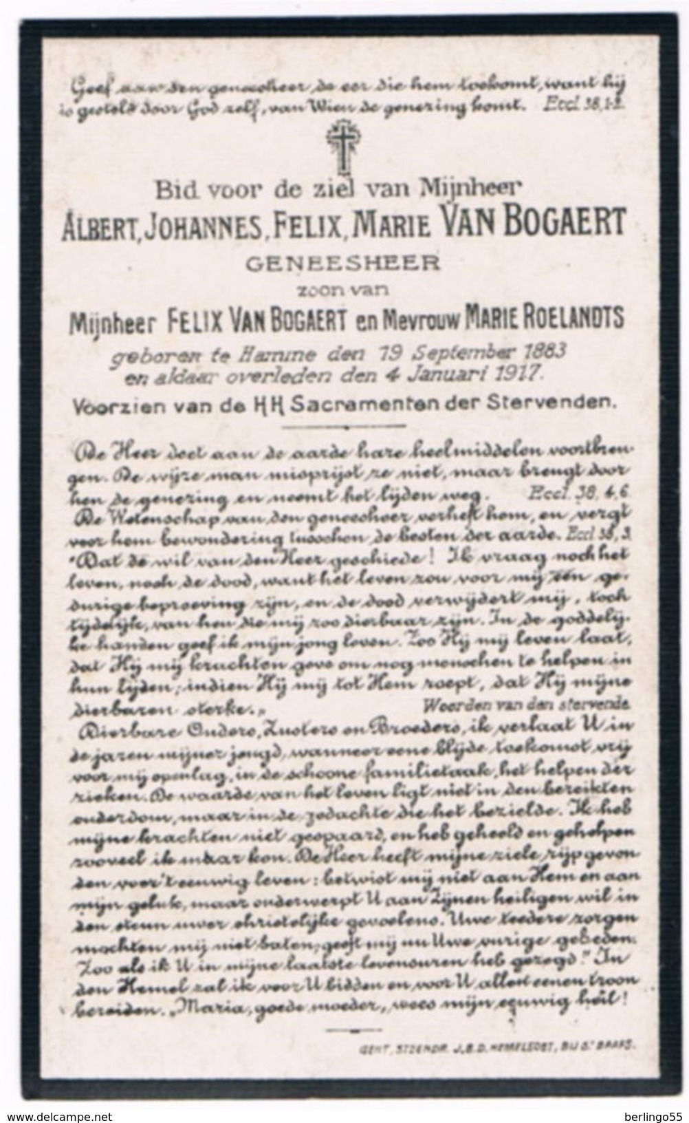 Dp. Geneesheer. Van Bogaert Albert. ° Hamme 1883 † Hamme 1917 (2 Scan's) - Religion & Esotericism