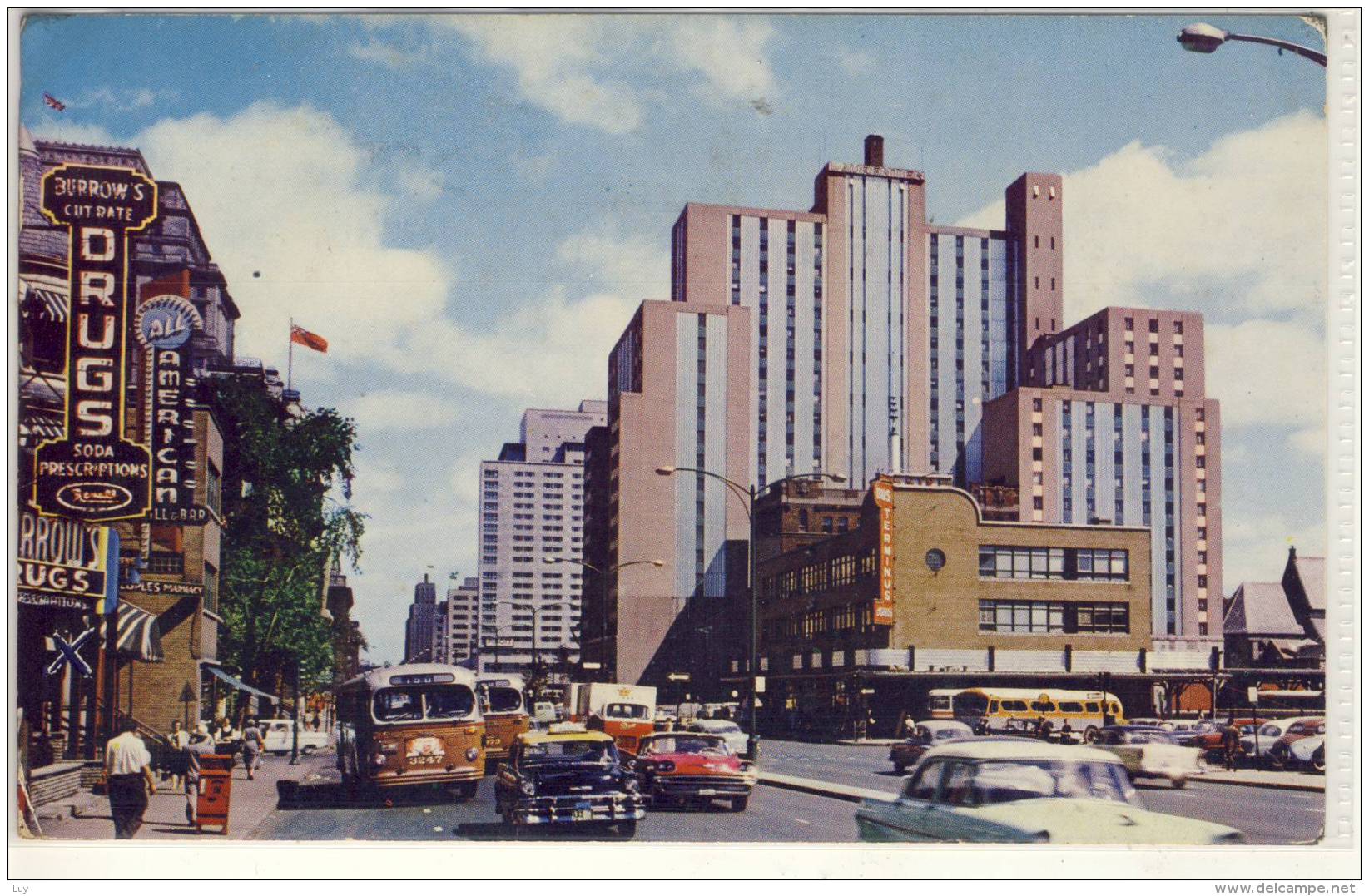 MONTREAL QUEBEC DORCHESTER STREET SHOWING BUS TERMINUS LAURENTIEN HOTEL  1958 - Montreal