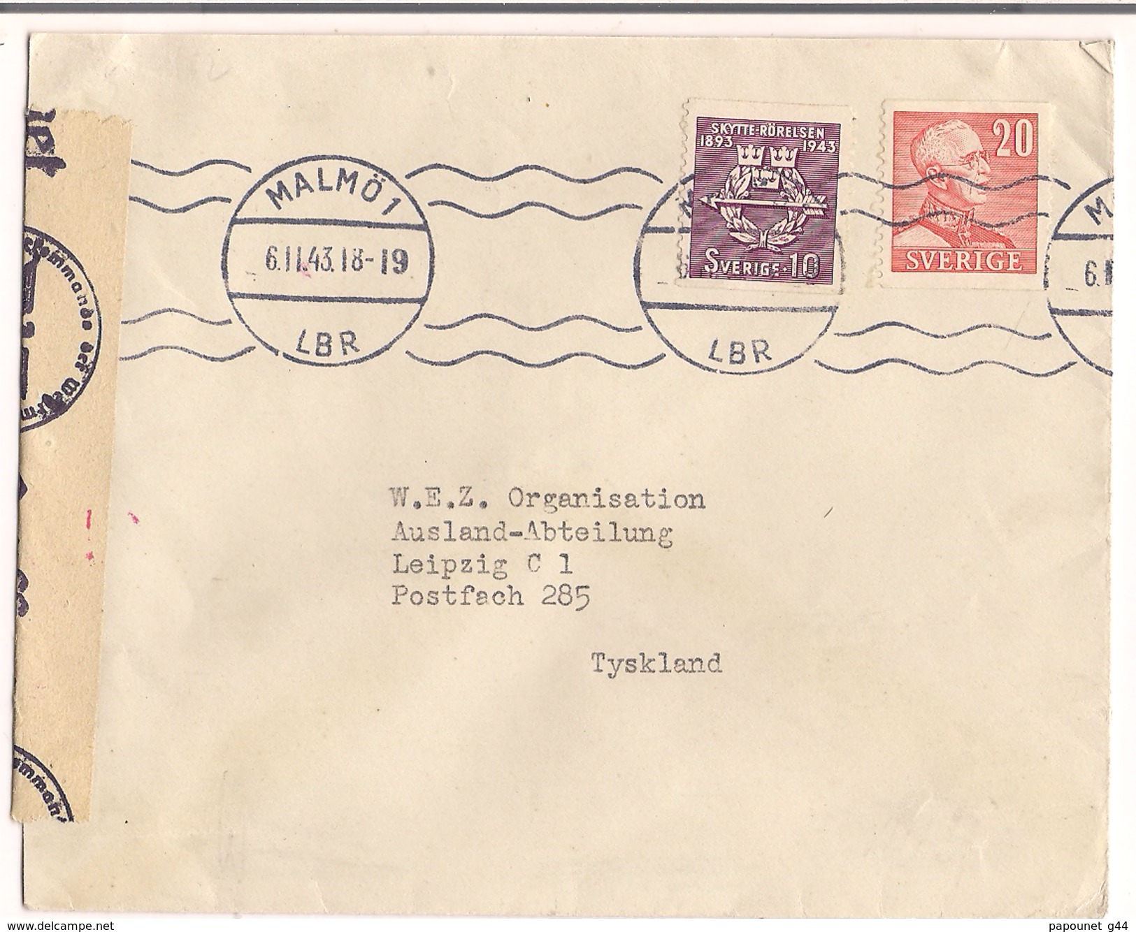 Lettre Malmöi 1943 Destination ( Tyskland ) + Censure - 1930- ... Rouleaux II