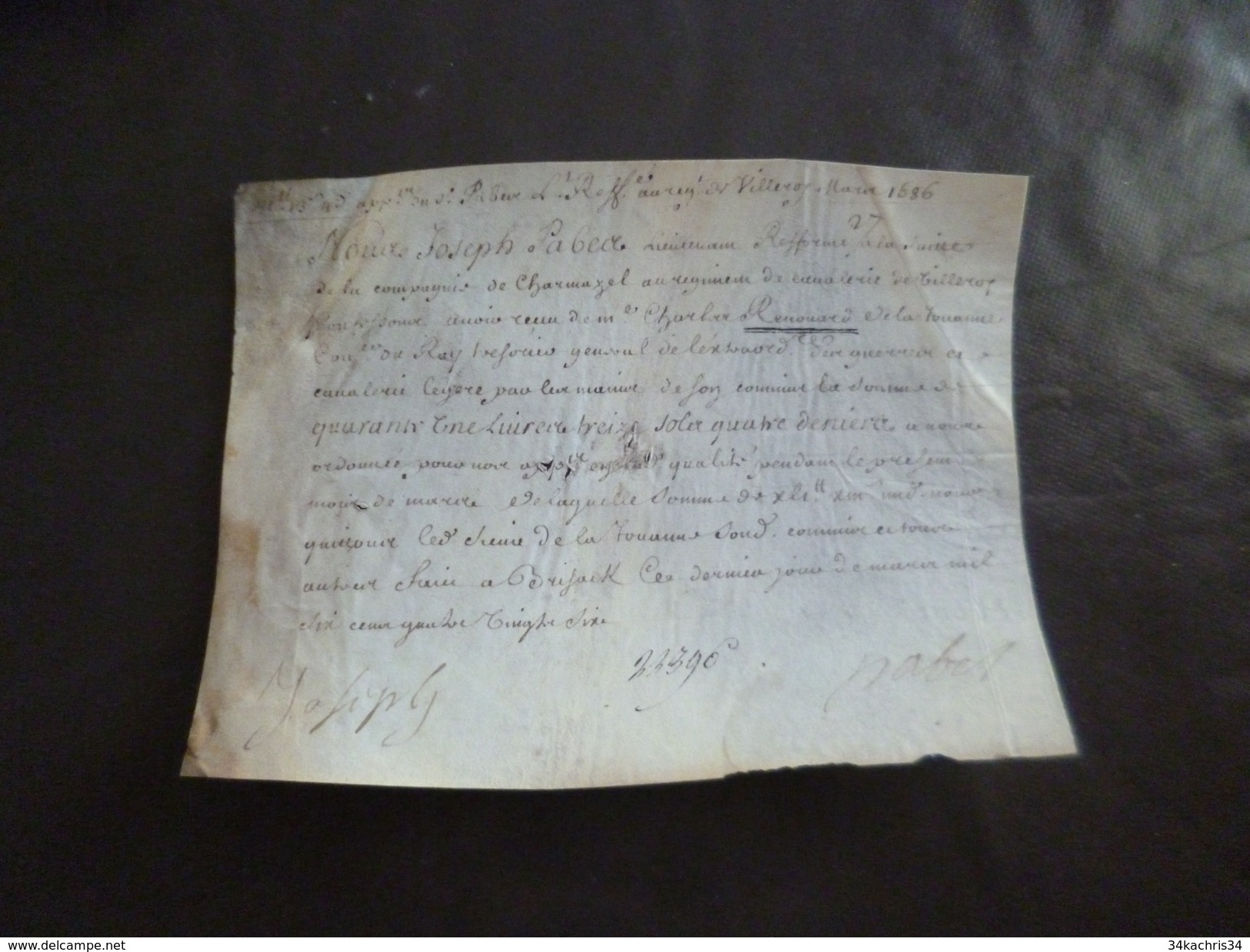 Manuscrit 31/03/1686 Militaria Sur Peau Régiment De Tilleroy Reçu Quittance De Joseph Pabel Lieutenant Cavalerie Légère - Documents