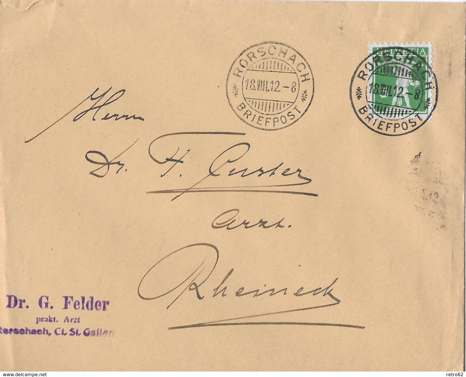 HEIMAT ST.GALLEN - 1912 Brief Dr.G.Felder Arzt Rorschach Nach Rheineck - Lettres & Documents