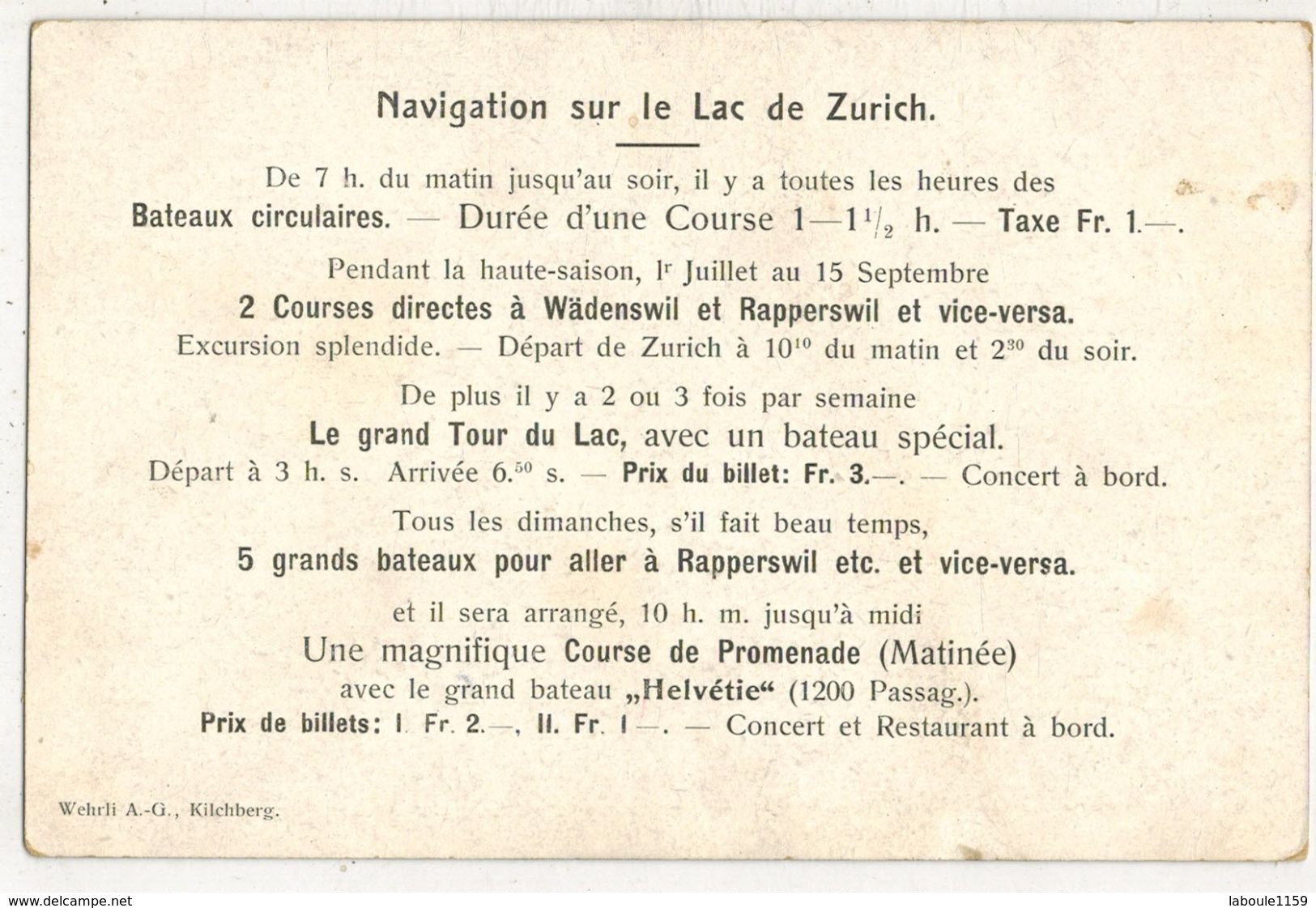 SUISSE ZURICH : Der Zürichsee Ed Wehrli Kilchberg Dos Préimprimé Navigation Sur Le Lac De Zurich Wädenswil Rapperswill - Kilchberg