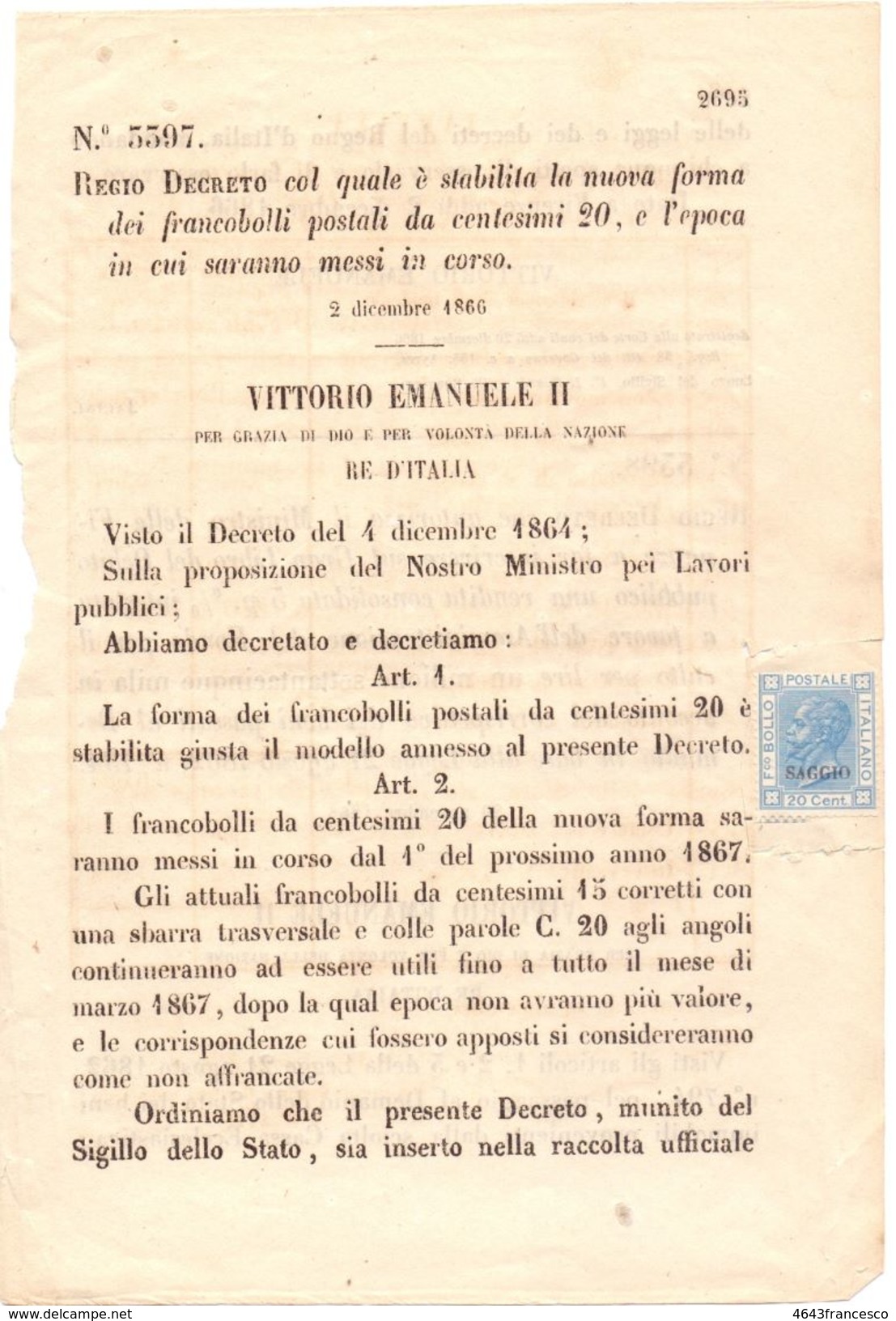 1864 DECRETO REGIO In Cui Si Stabilisce Forma Del Francobollo Da 20c  019 - Storia Postale