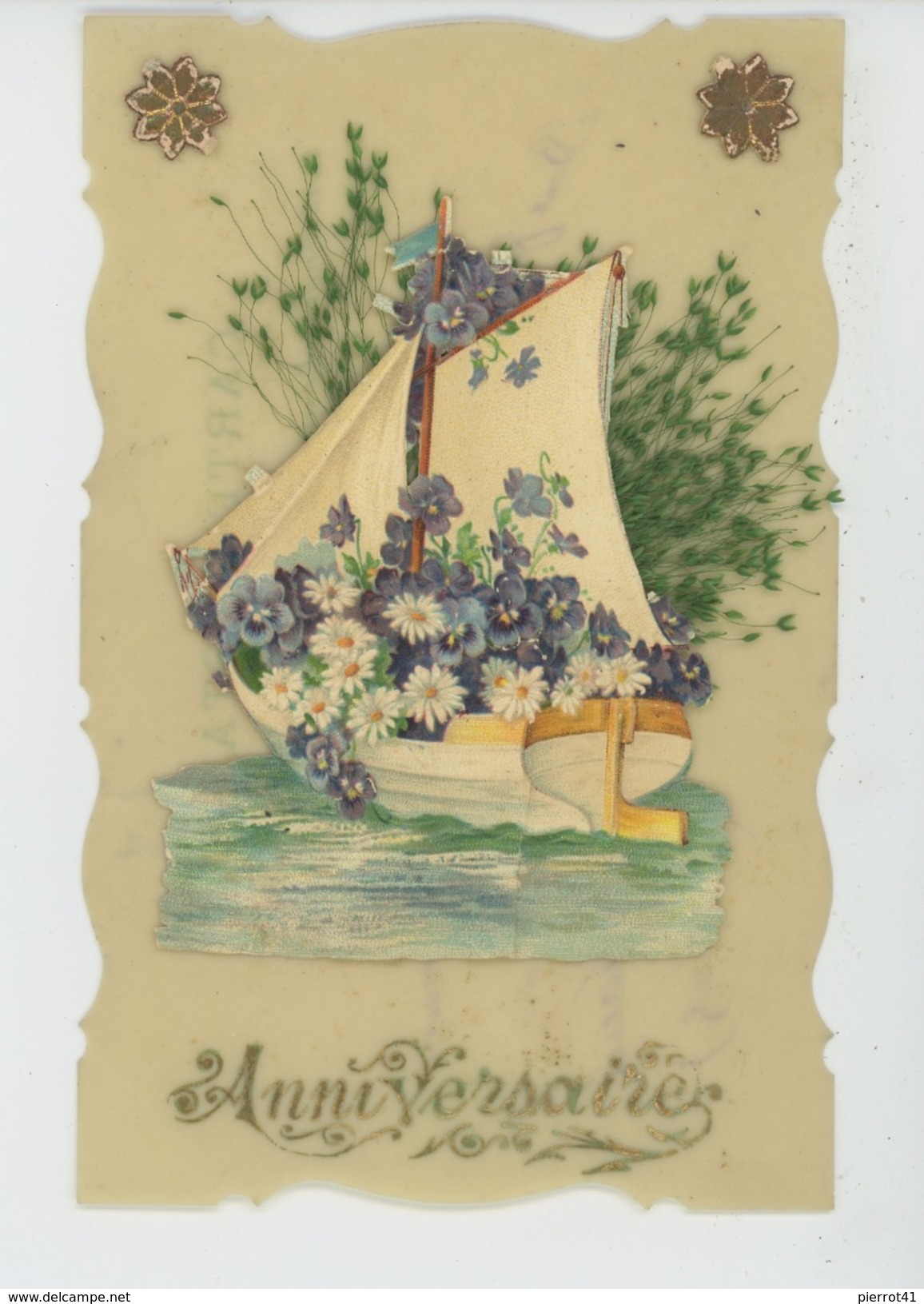 FLEURS - Jolie Carte Fantaisie CELLULOID Avec Ajoutis Fleurs Et Bateau "Anniversaire " - Flowers