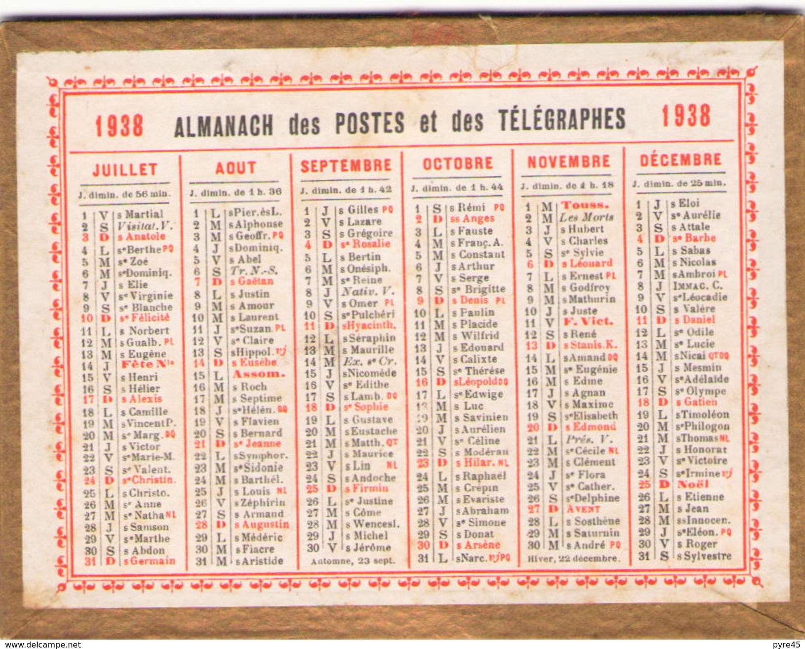 CALENDRIER DES POSTES ET TELEGRAPHES 1938 - Klein Formaat: 1921-40