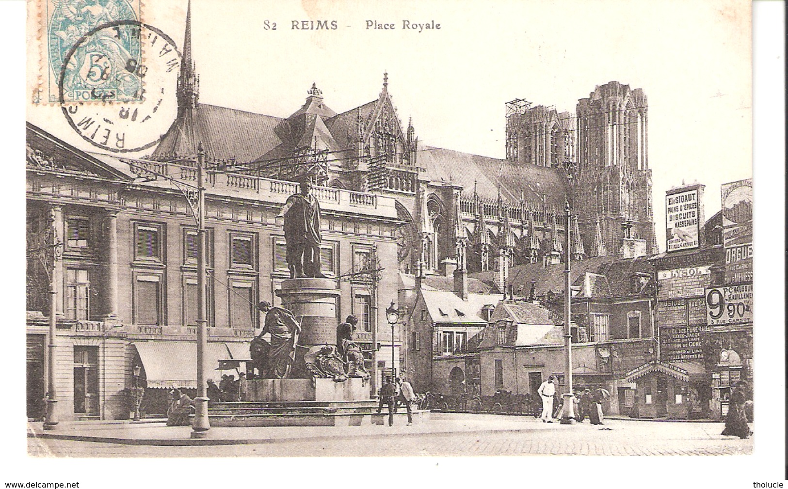 Reims (Marne)-1905-Place Royale-Pub.Elie Sigaut,Pains D'Epices,Biscuits...Statue De Louis XV-animéee - Reims