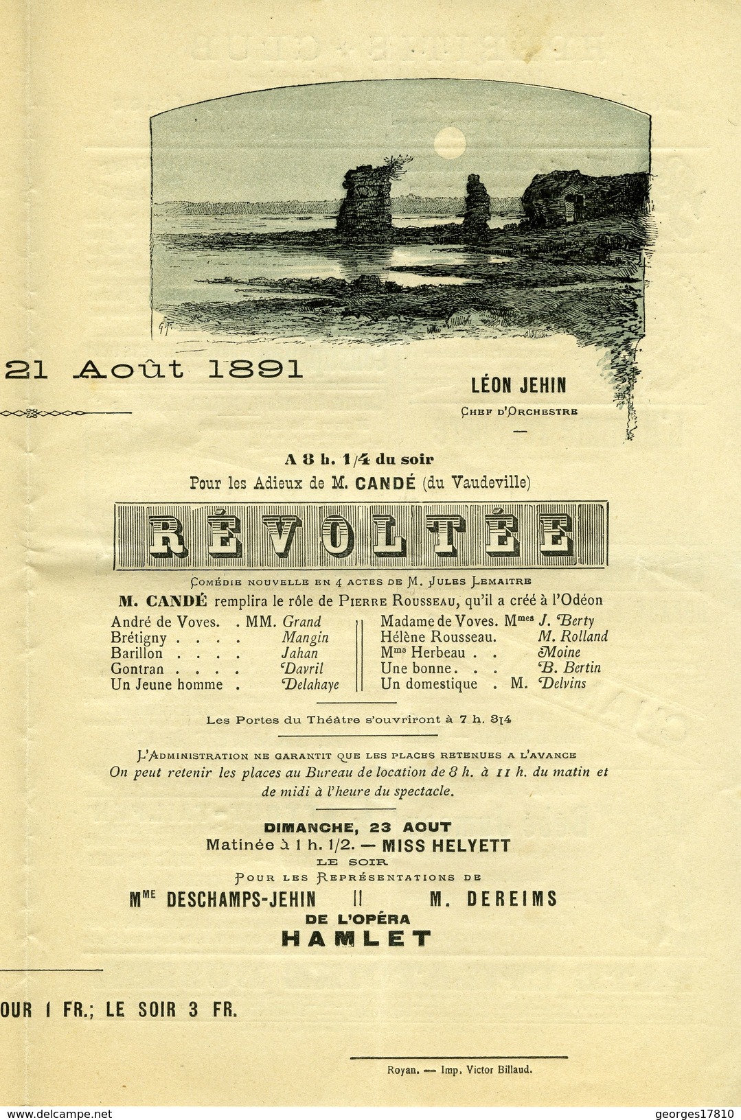 17- ROYAN- Programme Du Casino De Royan Du  Vendredi 21 Aout 1891 - Programmes