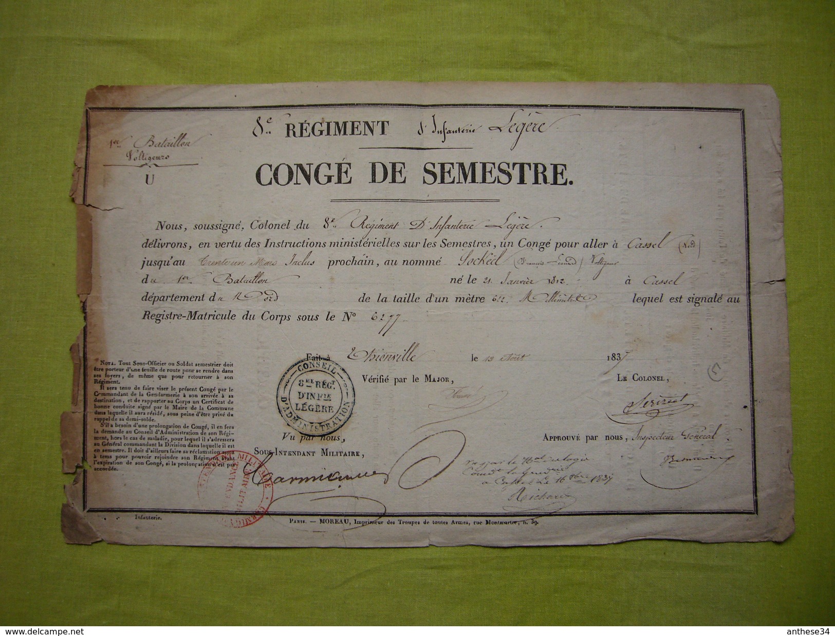 Congé De Semestre 1837 8ème Régiment D'infanterie Légère Sockeël François Voltigeur - Documents