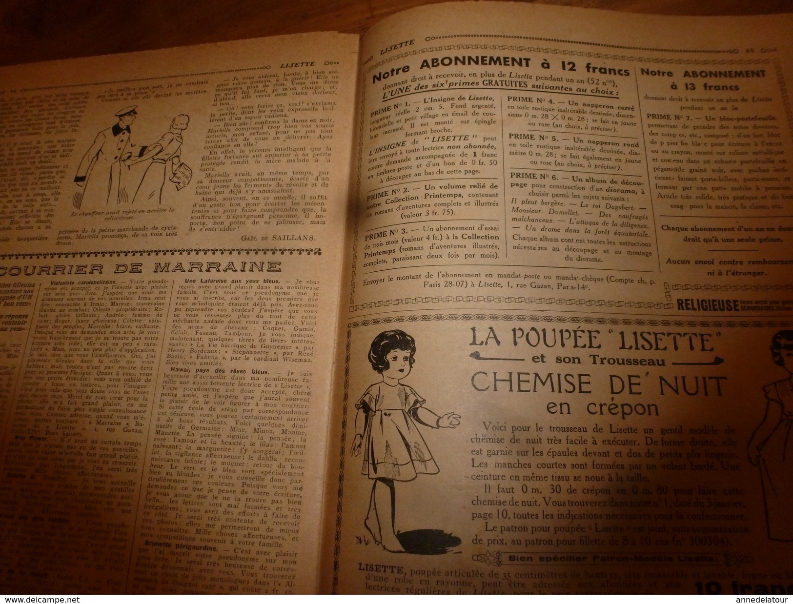 1937 LISETTE:Le violon magique d'Huguette Vorel (texte et dessins de René Louys);Chemisier au tricot pour fillette;etc