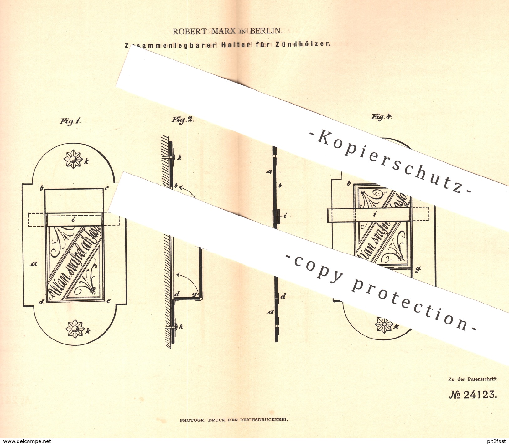 Original Patent - Robert Marx , Berlin , 1883 , Halter Für Zündhölzer | Streichhölzer , Zündholz , Holz , Feuer !! - Documentos Históricos