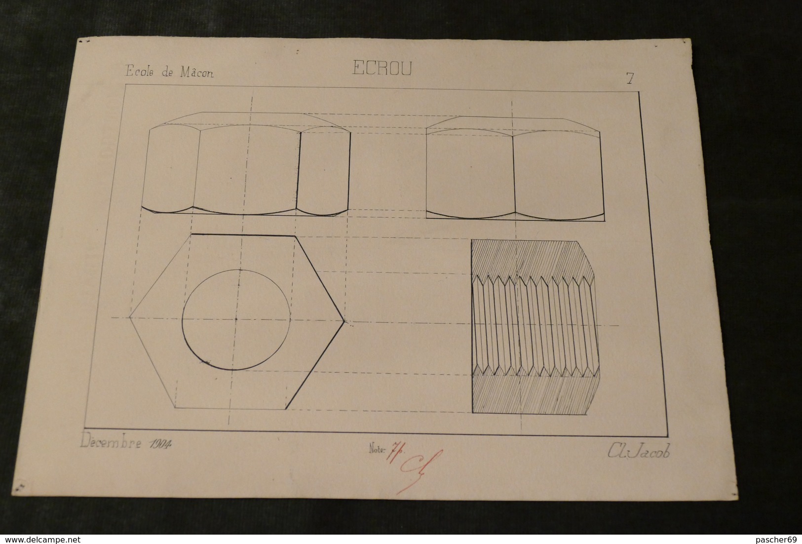 Lot de 8 dessins technique de l'école de Mâcon (71) ***Mécanique *** Ecrou *** Outillage ***   /  LK 70