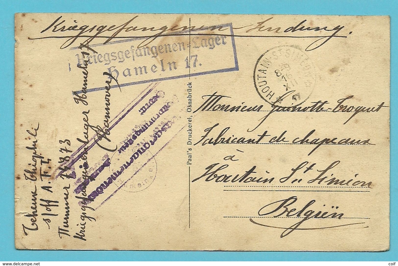 Kriegsgefangenensendung Verzonden Van HAMELN Met Als Aankomst Sterstempel (Relais) * HOUTAIN-ST-SIMEON * Op 16/12/1917 ! - Prisonniers