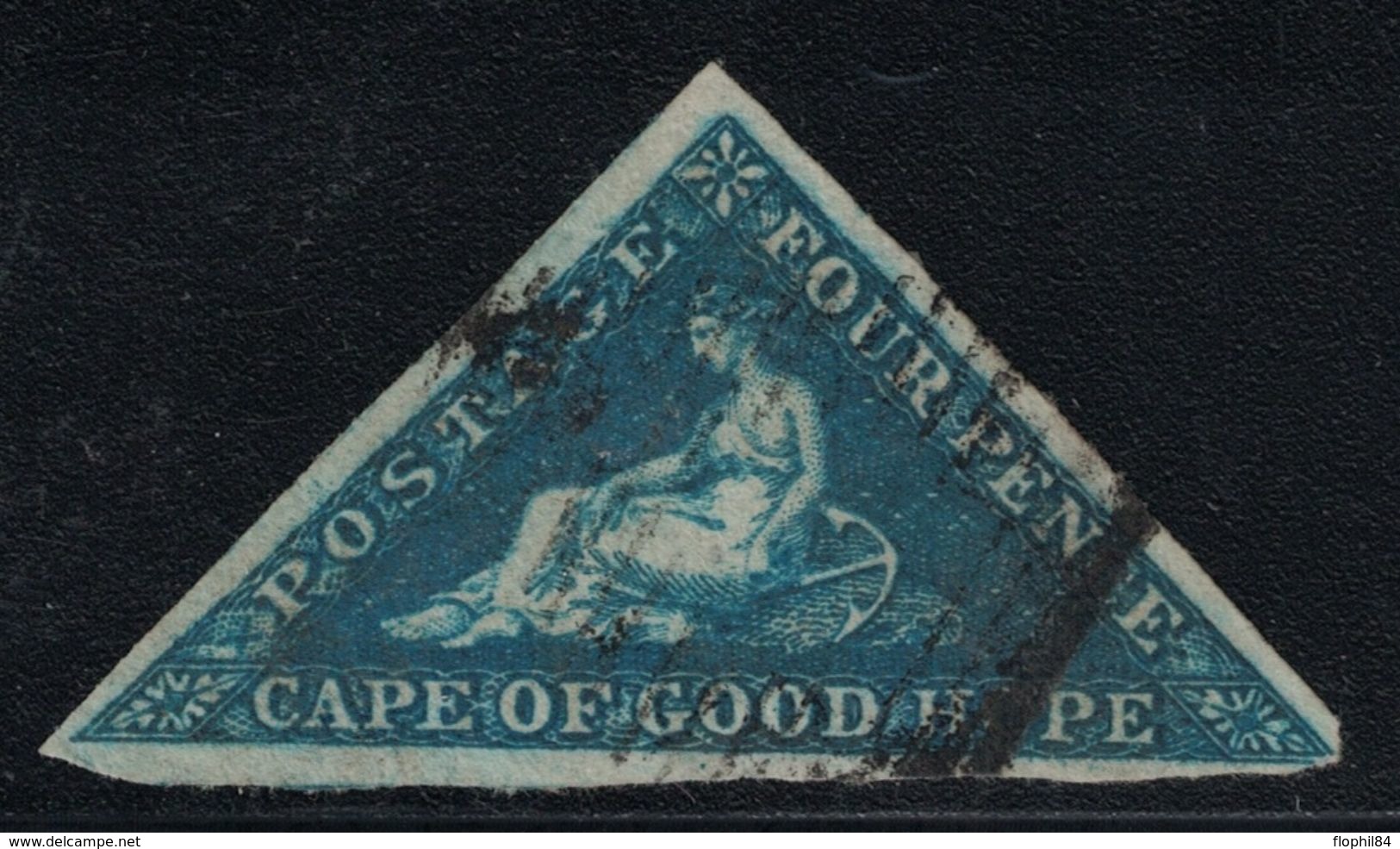 CAP DE BONNE-ESPERANCE - TRIANGULAIRE - N°2 - 4p BLEU SIGNATURE CALVES - COTE 150€ - TIMBRE COURT D'UN COTE (R). - Cap De Bonne Espérance (1853-1904)