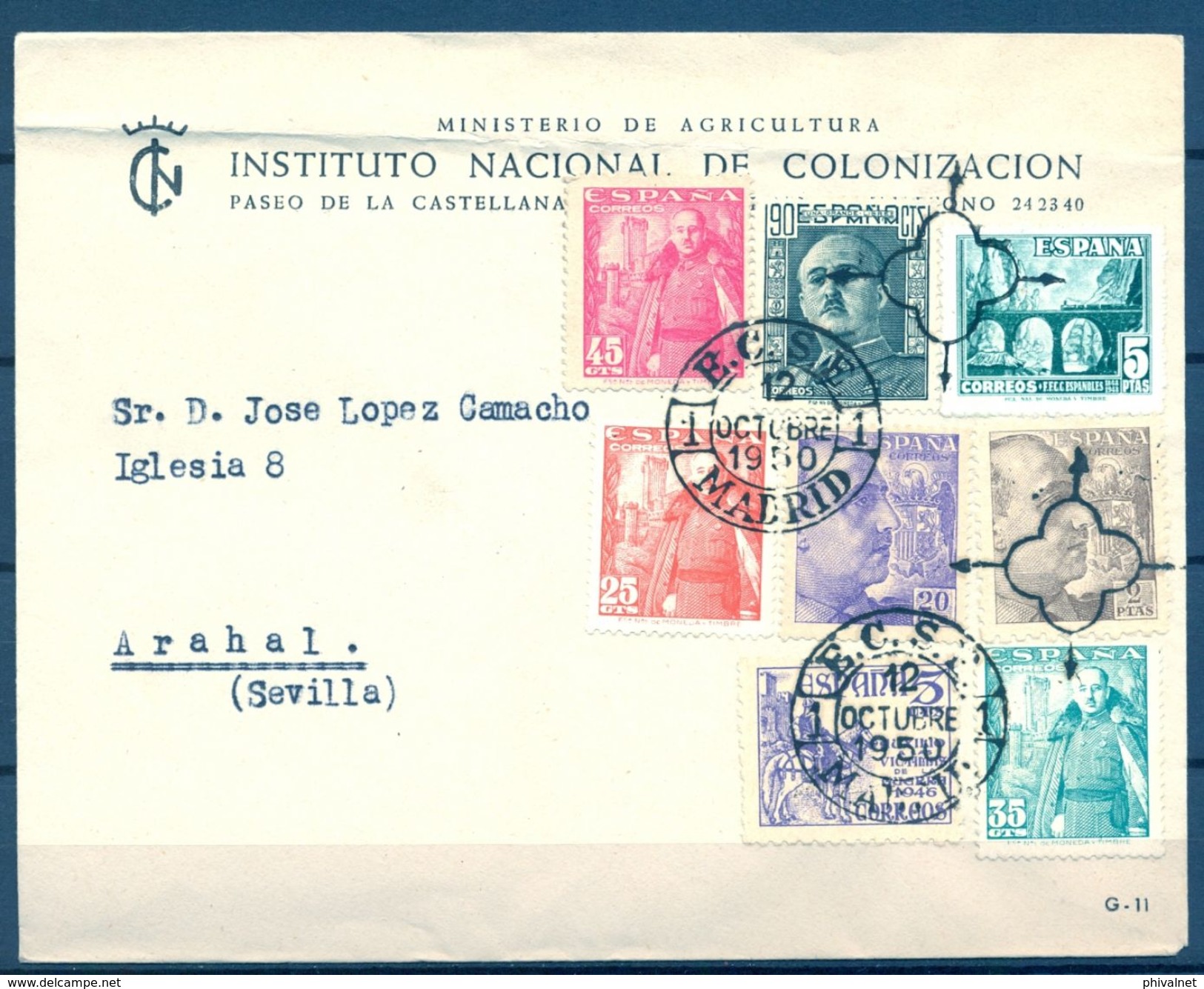 1950 , SOBRE DEL INSTITUTO NACIONAL DE COLONIZACIÓN , CIRCULADO A ARAHAL , MAT. DEL E.C.S.E. - Lettres & Documents