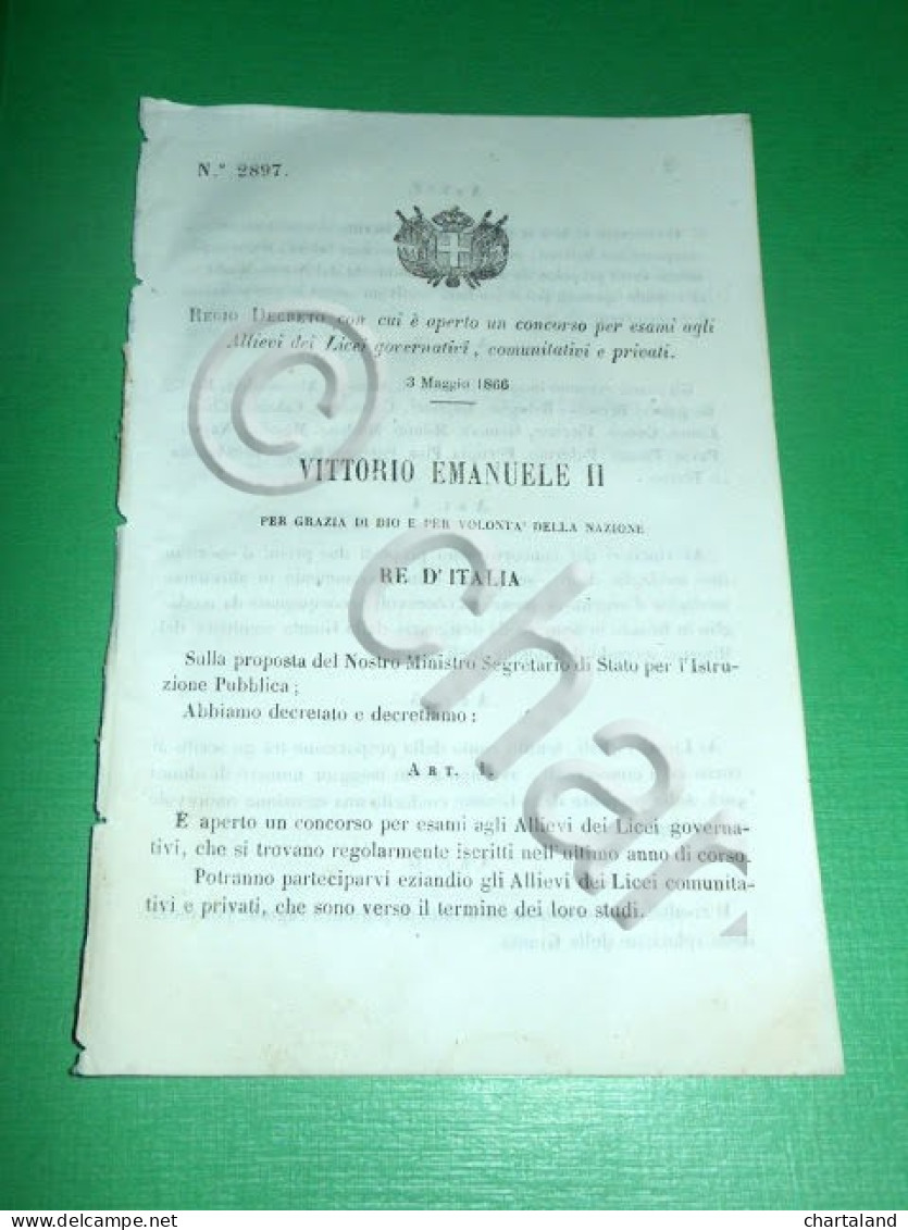 Regno D'Italia Regio Decreto Esami Allievi Licei Governativi E Privati 1866 - Non Classificati