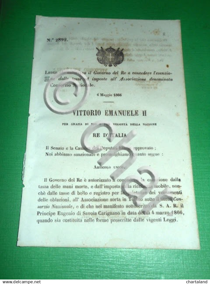 Regno D'Italia Legge Esenzione Tasse Consorzio Nazionale 1866 - Non Classificati